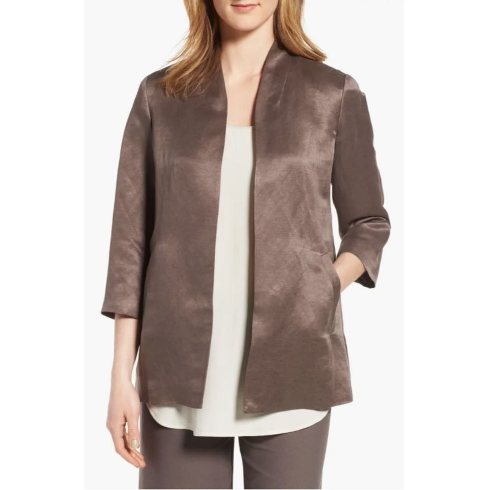 Eileen Fisher Cardigan Jacket Organic Linen Silk Satin Career Casual Layering L
